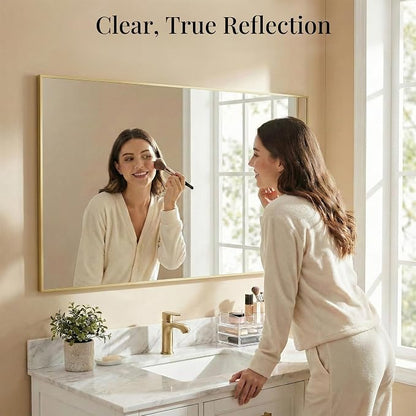 60"x30" Satin Gold Wide Bathroom Wall Mirror for Double Vanity | Wide Double Vanity Mirror, Slim Metal Frame, Long Console or Buffet Use, Vertical/Horizontal Mount, Tempered Glass