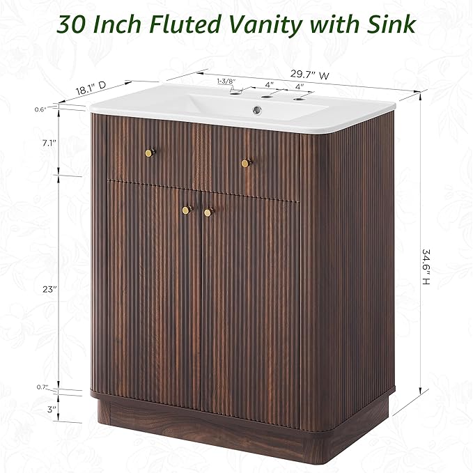 T4TREAM 30 Inch Bathroom Vanity with Sink, Modern Fluted Single Bathroom Vanity with Sink with Storage Cabinet, Adjustable Shelf, Dark Walnut