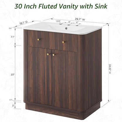T4TREAM 30 Inch Bathroom Vanity with Sink, Modern Fluted Single Bathroom Vanity with Sink with Storage Cabinet, Adjustable Shelf, Dark Walnut
