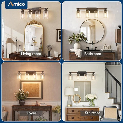 Amico 4-Light Farmhouse Bathroom Vanity Light, Seeded Glass, Black & Wood | Bubble Glass Shade Wall Sconce, Over Mirror Lighting for Bathroom, Bedroom, Living Room, Hallway, Powder Room, Entryway