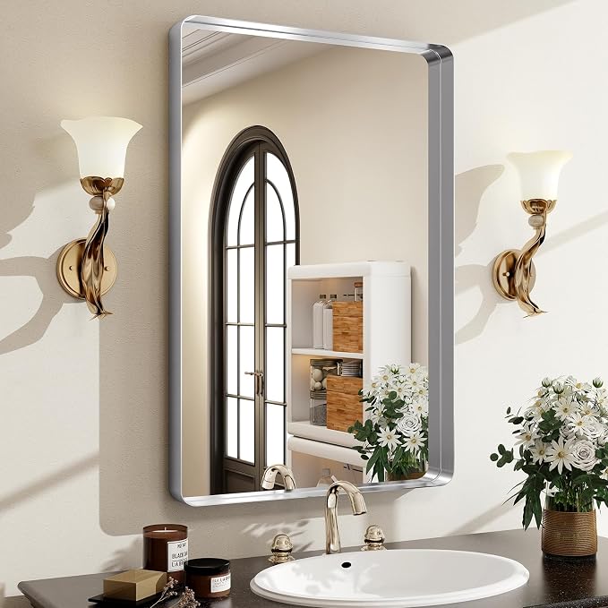 Easly Silver Bathroom Mirror for Wall, 36x24 Inch Rectangular Aluminum Alloy Framed Mirror, Modern Wall Mounted Vanity Mirror for Bathroom, Vertical or Horizontal