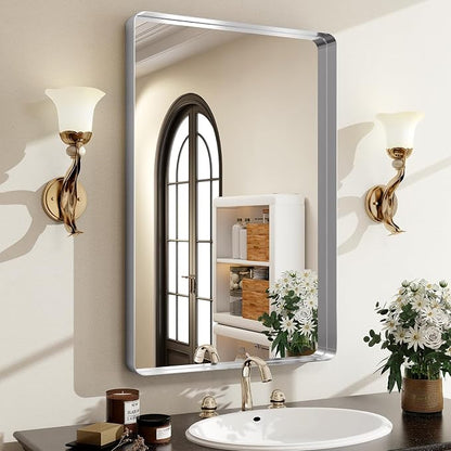 Easly Silver Bathroom Mirror for Wall, 36x24 Inch Rectangular Aluminum Alloy Framed Mirror, Modern Wall Mounted Vanity Mirror for Bathroom, Vertical or Horizontal
