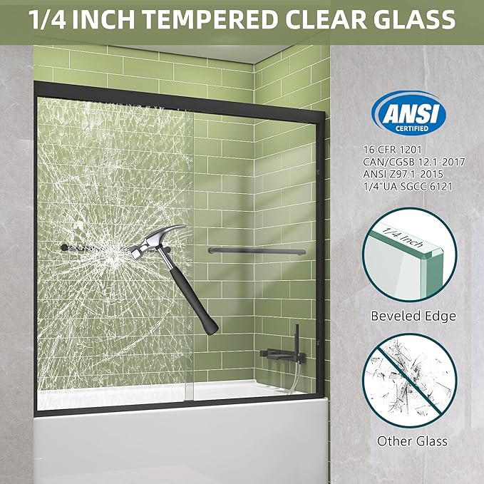 GETPRO Tub Shower Door Sliding 50-54 in. W x 58 in. H Semi-Frameless Bypass Double Sliding Bathtub Door for Bathroom,1/4 inch Clear Tempered Glass Tub Door Matte Black