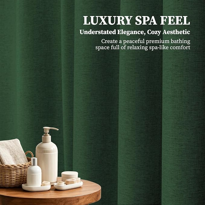 60x72 Linen Textured Waterproof Fabric Shower Curtain, Emerald Green | Narrow Size, 230GSM Polyester, Heavy Duty Cloth, Weighted Hem, 10 Plastic Hooks, Modern Luxury Hotel Style, Machine Washable