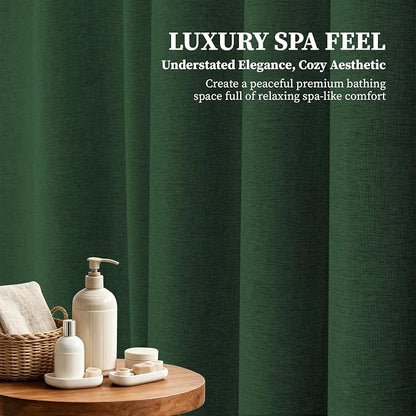 72x90 Linen Textured Waterproof Fabric Shower Curtain, Emerald Green | Long Size, 230GSM Polyester, Heavy Duty Cloth, Weighted Hem, 12 Plastic Hooks, Modern Luxury Hotel Style, Machine Washable