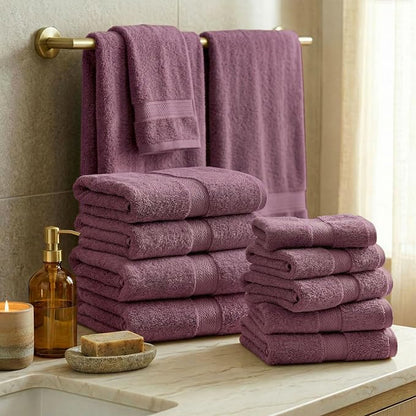 SUPERIOR Egyptian Cotton Ultra Plush & Absorbent, 12 Piece Set, Plum | Heavyweight 12 Pc Egyptian Cotton Towel Set Includes 4 Bath Towels 4 Hand Towels 4 Washcloths Decorative Rope Border