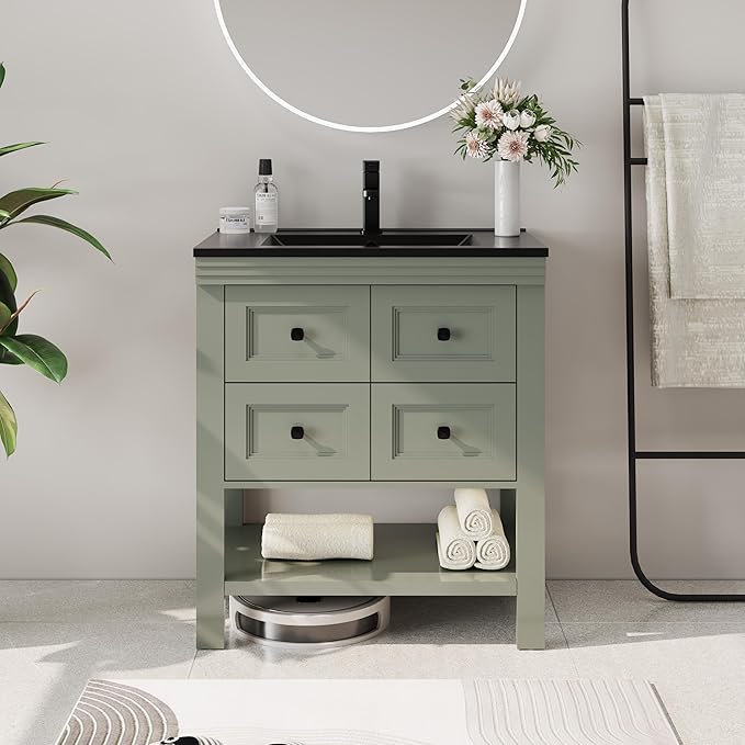 eclife 30" Bathroom Vanity with Sink Combo, Modern Painted Vanities Cabinet with Big Drawers, Opening Bottom Shelf, Raised Foot Pads, Include Undermount Black Sink, Faucet & Drain, Green