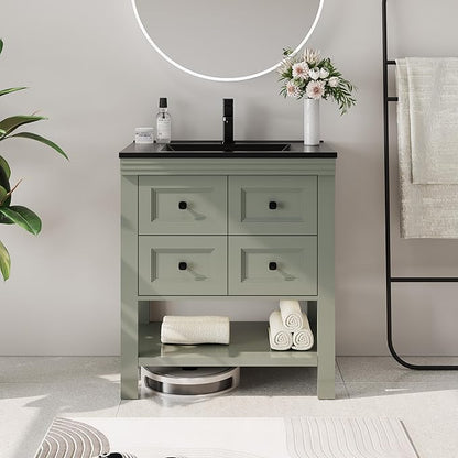 eclife 30" Bathroom Vanity with Sink Combo, Modern Painted Vanities Cabinet with Big Drawers, Opening Bottom Shelf, Raised Foot Pads, Include Undermount Black Sink, Faucet & Drain, Green