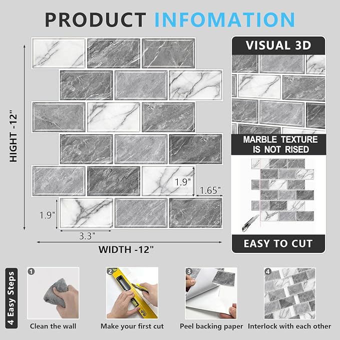 URCOLOR 10-Sheet Peel and Stick Backsplash Tile Sticker for Kitchen,12"x12" Self Adhesive Subway Wall Tiles Stick on Back Splashes for Bathroom White Gray Marble Design