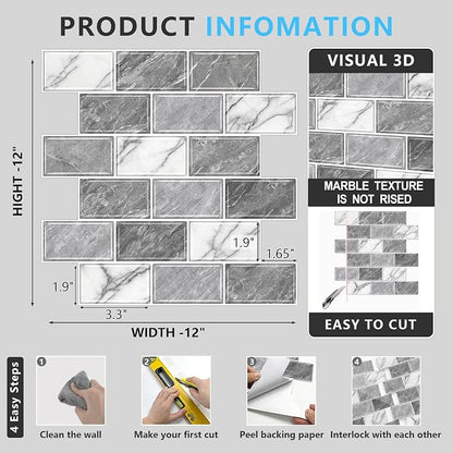 URCOLOR 10-Sheet Peel and Stick Backsplash Tile Sticker for Kitchen,12"x12" Self Adhesive Subway Wall Tiles Stick on Back Splashes for Bathroom White Gray Marble Design