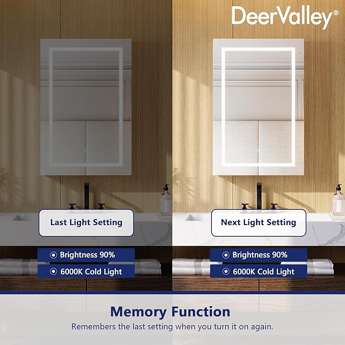DeerValley 24" W x 36" H Led Lighted Medicine Cabinet with Mirror | Bathroom Medicine Cabinet with Defogger & 3-Color, Wall Mounted Mirrored Medicine Cabinets with Lights, DV-1VM0187