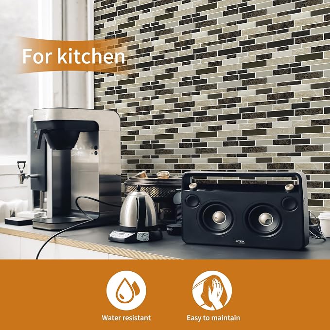 WOWSTAR 10-Sheet Peel and Stick Backsplash Tile for Kitchen Wall, Back Splash Stick On Tiles for Kitchen (12"x12", Tan) | Peel and stick backsplash, self-adhesive wall tile, Tan, waterproof, kitchen bathroom wall, 10-sheet