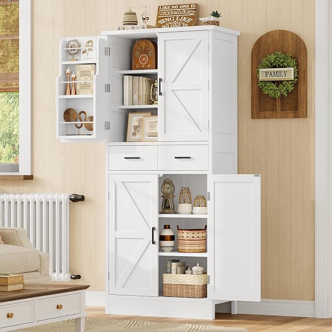 Farmhouse Pantry Cabinet, 66.9″H Tall Kitchen Storage Cabinet with Barn Doors, Adjustable Shelves & Drawer, Freestanding Cupboard for Kitchen, Dining Room, Living Room, Bathroom, White