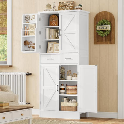 Farmhouse Pantry Cabinet, 66.9″H Tall Kitchen Storage Cabinet with Barn Doors, Adjustable Shelves & Drawer, Freestanding Cupboard for Kitchen, Dining Room, Living Room, Bathroom, White