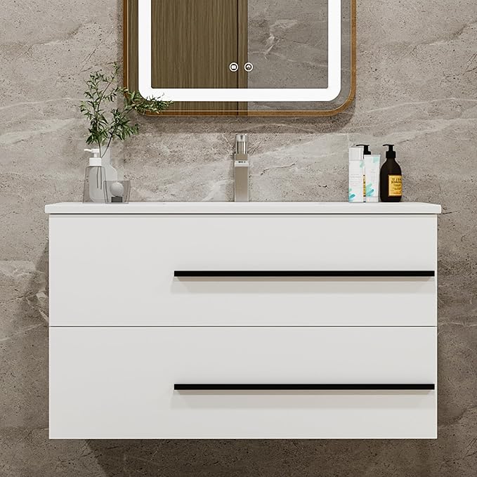 36 Inch Bathroom Vanity with Sink, Modern Floating Vanity Wall Mounted Bathroom Sink Cabinet, Black Handles & 2 Soft-Close Drawers for Small Space (White, 36")