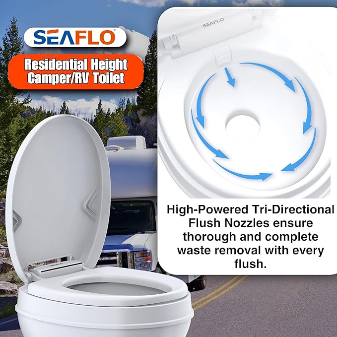 SEAFLO Residential Height Camper/RV Toilet with Sprayer Attachment, 18.5” Standard Height, Gravity Flush System, Foot Pedal Operation, Soft Close Seat, 4-Year Warranty (With Sprayer Attachment)