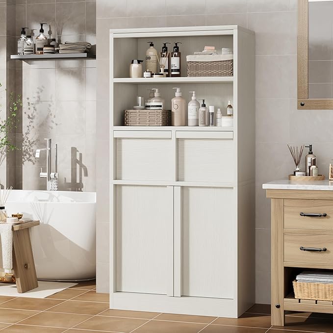 Garvee Tall Bathroom Cabinet, Floor Storage Cabinet with Doors & 2 Drawers, 51" H Tall Organizer Cabinet Freestanding for Bathroom, Living Room, Kitchen & Pantry (White)