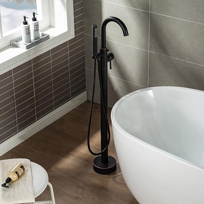 WOODBRIDGE Contemporary Single Handle Floor Mount Freestanding Tub Filler Faucet with Hand shower in Oil Rubbed Bronze Finish, F0010ORBRD