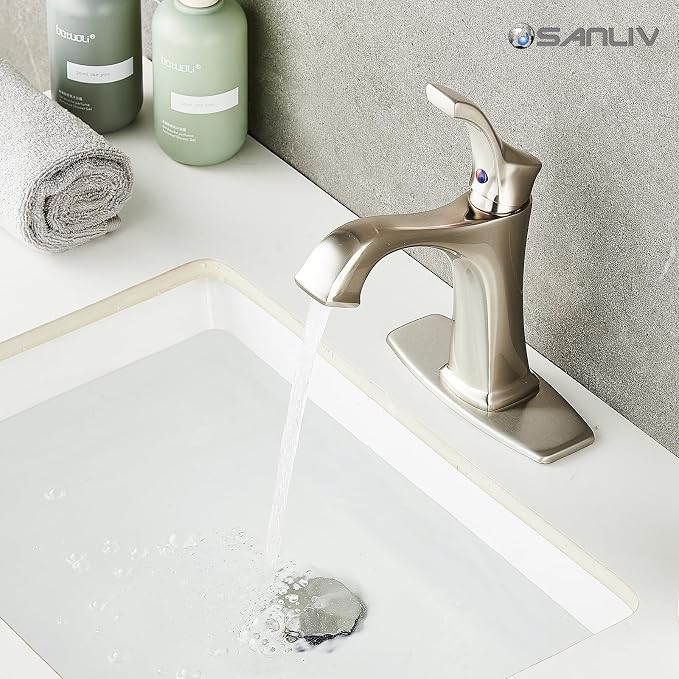 Brushed Nickel Bathroom Faucet, Sanliv Single Handle Centerset Bathroom Sink Faucet with Pop-Up Drain & Deck Plate for 1 or 3-Hole (4 inch) Installation, Modern Farmhouse Vanity Faucet Brushed Nickel