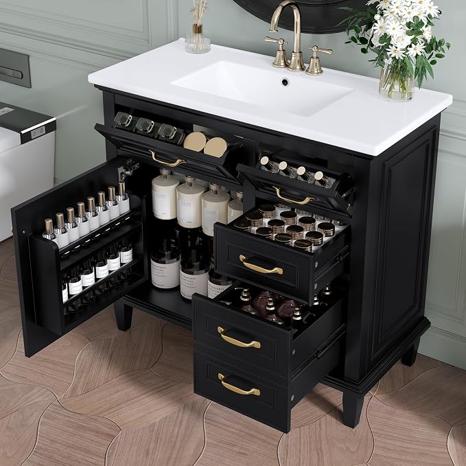 36" Bathroom Vanity with Ceramic Sink Top, Soft-Close Door & Flip Drawers, Freestanding Storage Cabinet W/Adjustable Shelf, Solid Wood Frame for Bathrooms, Powder Room, Guest Bath,Black