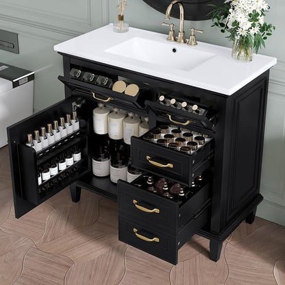 36" Bathroom Vanity with Ceramic Sink Top, Soft-Close Door & Flip Drawers, Freestanding Storage Cabinet W/Adjustable Shelf, Solid Wood Frame for Bathrooms, Powder Room, Guest Bath,Black