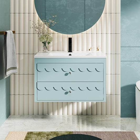 eclife 30" Floating Bathroom Vanity with Sink Combo, Modern Painted Wall-Mounted Vanities Storage Cabinet with Scalloped Decor, Undermount Basin, Faucet, Drain, Blue