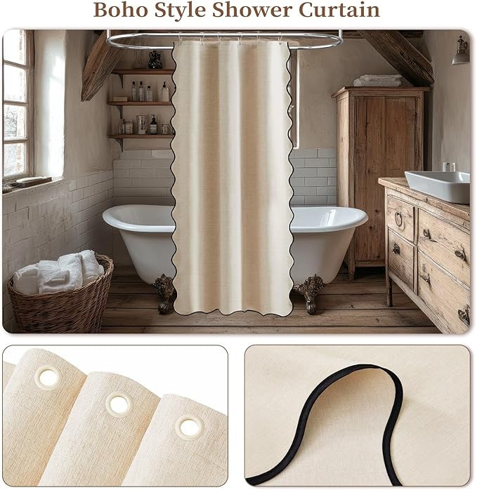 BTTN Boho Stall Shower Curtain, 36×72 Small Scalloped Linen Textured Heavy Duty Fabric Shower Curtain Set with 6 Hooks, Narrow Vintage Rustic Waterproof Cloth Shower Curtains for Bathroom, Beige/Cream