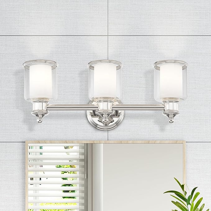 Livex Lighting 40213-35 Middlebush Collection 3-Light Bathroom Vanity Light with Double Shaded Hand Crafted Glass Shades, Polished Nickel, 23.5 x 6.5 x 9