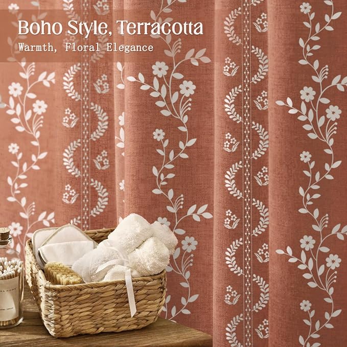 Boho Terracotta Vintage Shower Curtain with Tassels | 72 x 84 Inch,Bohemian Floral Linen Fabric Pattern Curtain Curtain For Bathroom