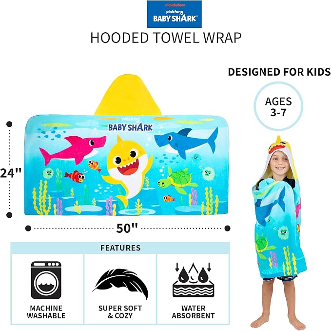 Franco Baby Shark Bath/Pool/Beach Soft Cotton Terry Hooded Towel Wrap, 24 in x 50 in, Kids