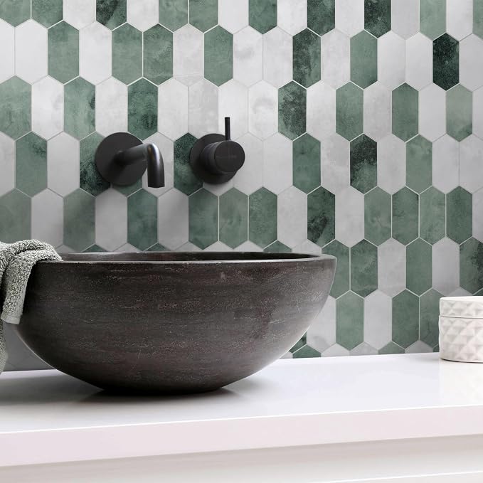 The Tiles Plaza 10-Sheet Peel and Stick Backsplash, 12" x 11.5" Green Cement Long Hexagon Self Adhesive Wall Tile, Stone Composite Stick On Decorative Mosaic Tile for Kitchen Bathroom Fireplace
