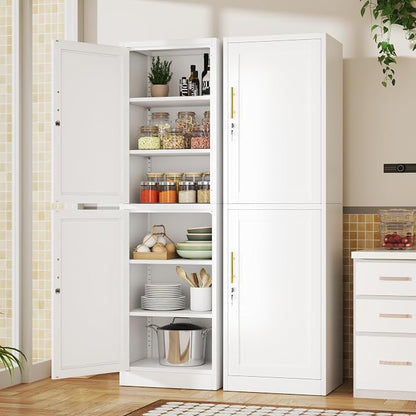 Tall Metal Narrow Bathroom Storage Locker Cabinet 67" H, Tall White Pantry Cabinets with 4 Adjustable Shelves and 2 Lockable Doors for Kitchen, Home Office, Living Room, Dining Room