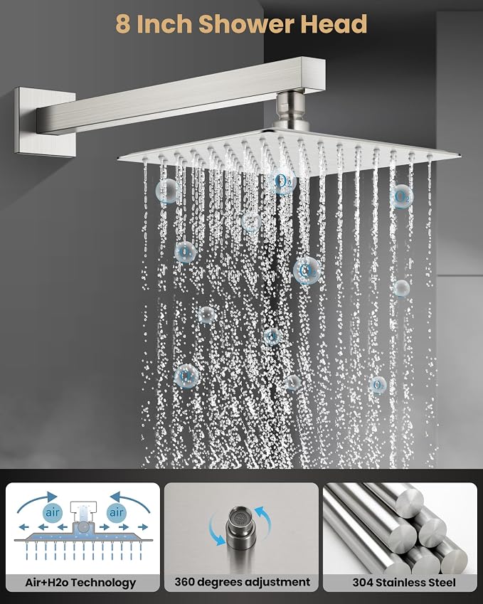 Airuida 8 Inch Brushed Nickel Shower Faucet Set,Shower Valve Kit | Rainfall Shower Head and Handle Set,Female Thread Rough-in Valve Shower Kit,Single Function Shower System