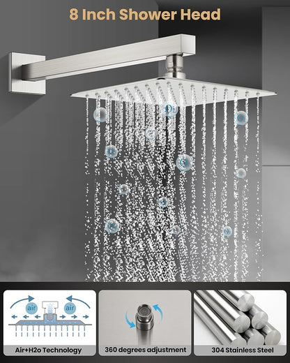 Airuida 8 Inch Brushed Nickel Shower Faucet Set,Shower Valve Kit | Rainfall Shower Head and Handle Set,Female Thread Rough-in Valve Shower Kit,Single Function Shower System