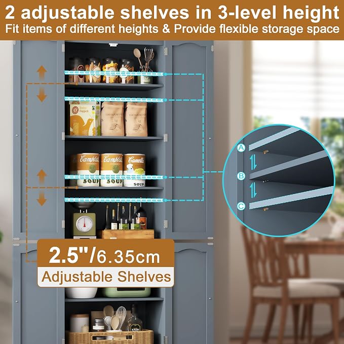 Function Home Tall Pantry Cabinet, Freestanding Storage Cabinet, Wooden Kitchen Pantry with 4 Doors and 5 Shelves, 72" Floor Cabinet Organizer for Kitchen Living Room Bathroom, Grey