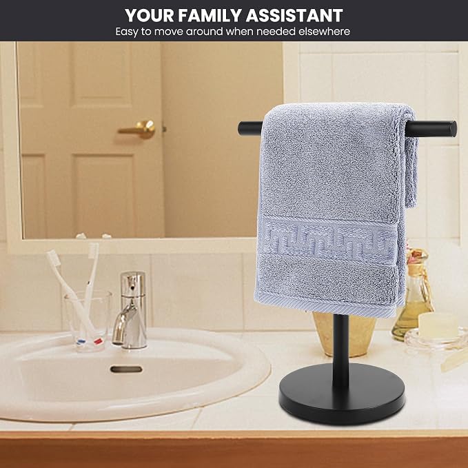 Hand Towel Holder Stand, Freestanding Bathroom Towel Rack, Black, 2 Pack | Weighted Stainless Steel Base Helps Prevent Tipping While The Open T-Shape Keeps Towels Dry on Bathroom Countertops
