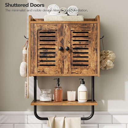 HOOBRO Bathroom Wall Cabinet, Double Doors Medicine Cabinet with Towel Bar, Adjustable Shelf, 2 Hooks, Over The Toilet Storage Cabinet, for Bedroom, Kitchen, Rustic Brown BF46CW01