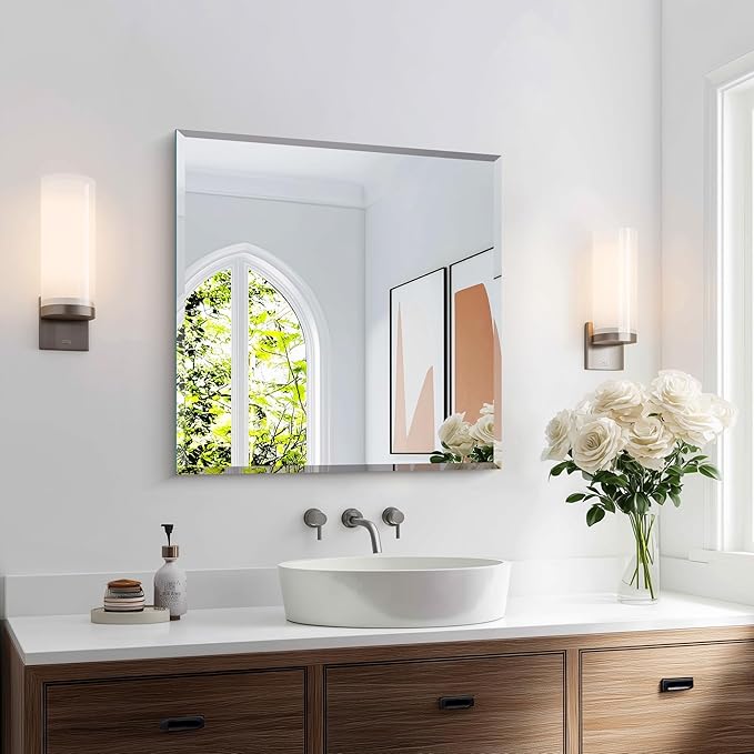 KOCUUY Beveled Square Mirror, 24x24 Inch Frameless Bathroom Mirror for Over Sink, Upgraded Shatterproof Beveled Unframed Design Mirror for Bathroom, Bedroom, Hang Horizontal/Vertical