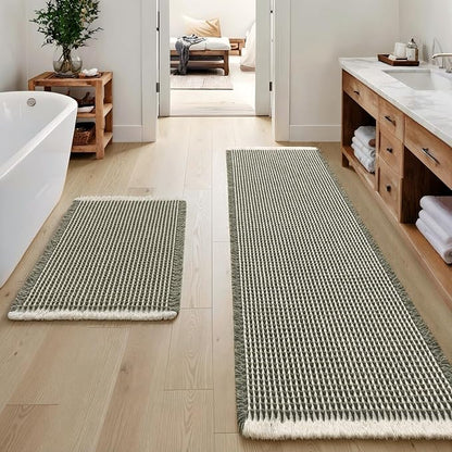MIULEE Set of 2 Waffle Bathroom Rugs Green&Cream Bath Mat 17"x24"+20"x47" | Non Slip, Super Absorbent, Washable, Ultra Soft, Rubber Backed, Small Boho Bath Rug and Bathroom Runner for Floor Tub Shower