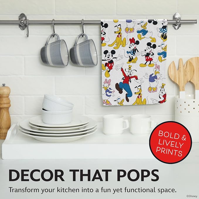 Disney Mickey & Friends Cotton Kitchen Towels, 2-Pack 16"x26", Absorbent | Durable, colorfast dish towels resist fraying, machine washable, dries dishes, hangs on oven handles, great for gifting