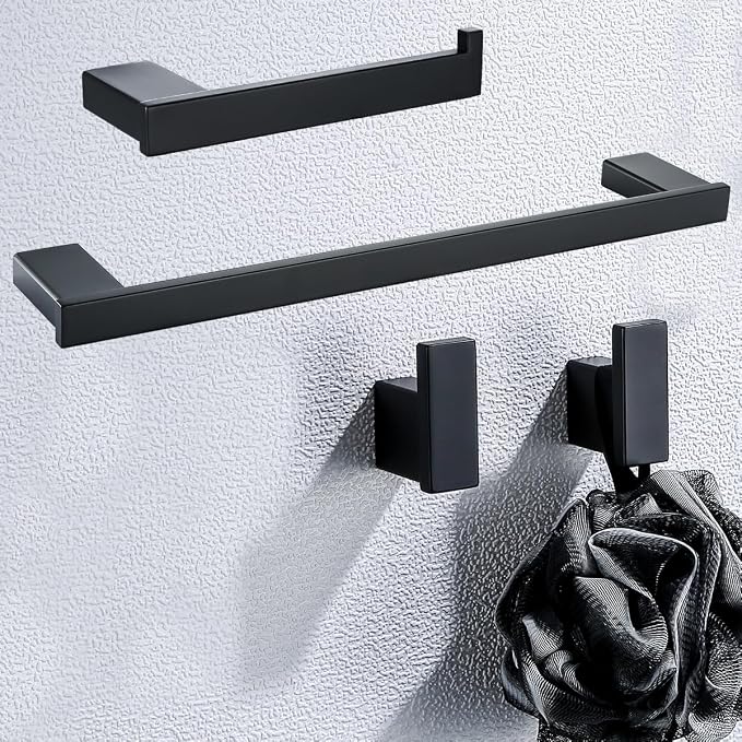 Matte Black Bathroom Hardware Accessories Set 4 Pieces Bath Towel Bar Set with 18 Inch Towel Bar,Toilet Paper Holder,Towel Hooks,SUS 304 Stainless Steel Wall Mounted Bathroom Towel Rack Set