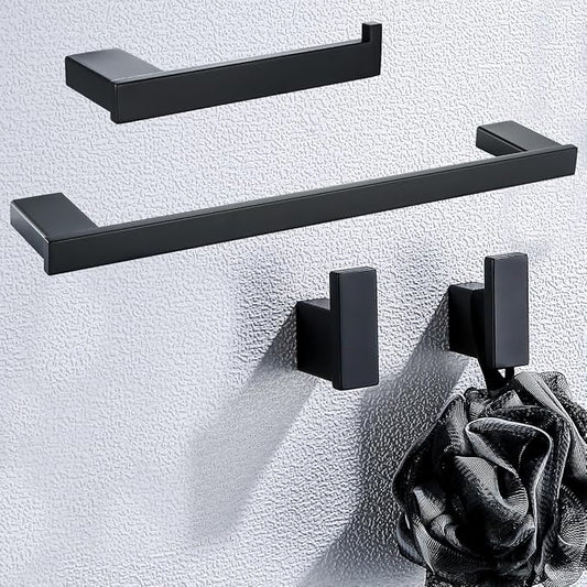 Matte Black Bathroom Hardware Accessories Set 4 Pieces Bath Towel Bar Set with 18 Inch Towel Bar,Toilet Paper Holder,Towel Hooks,SUS 304 Stainless Steel Wall Mounted Bathroom Towel Rack Set