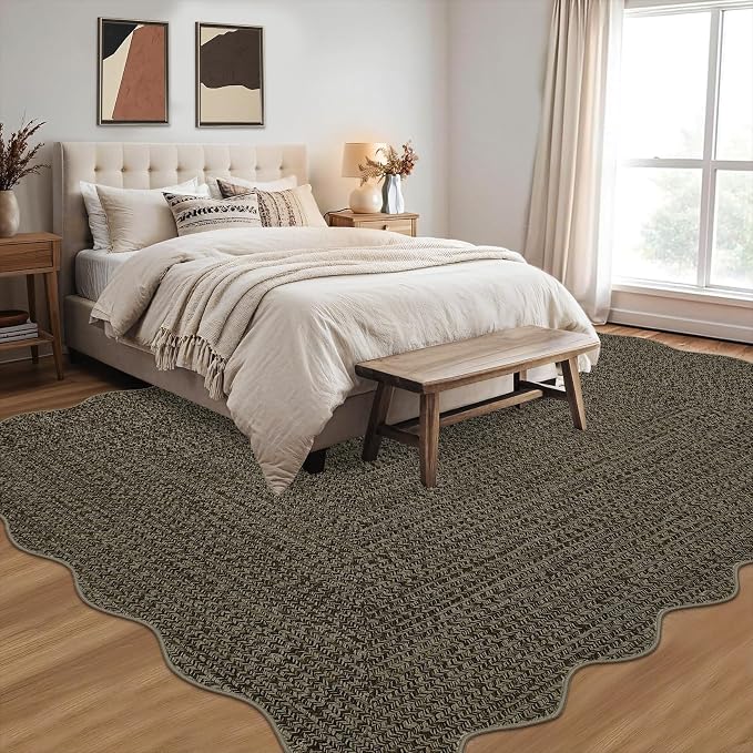 Imitation Braided Collection-Print Large Washable Rug 9x12 Non-Slip Rugs for Living Room, Natural Bordered Carpet, Stain Resistant Thin Foldable Floor Cover Bedroom for Nursery Dining Room