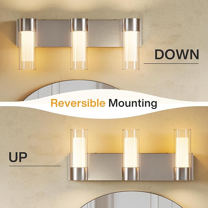 Tribesigns LED Bathroom Light Fixtures, 3-Light Vanity Lights Over Mirror, Wall Lights with 3 Color Modes & Sand Nickel Finish, Wall Sconces with Clear Glass Shades for Bathroom Hallway Bedroom
