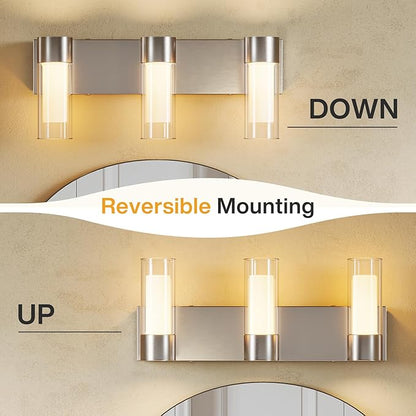 Tribesigns LED Bathroom Light Fixtures, 3-Light Vanity Lights Over Mirror, Wall Lights with 3 Color Modes & Sand Nickel Finish, Wall Sconces with Clear Glass Shades for Bathroom Hallway Bedroom