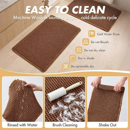 MIULEE Set of 2 Waffle Bathroom Rugs Boho Bath Mat Caramel 17"x24"+20"x32" | Non Slip, Super Absorbent, Washable, Ultra Soft, Rubber Backed Bath Rugs for Bathroom Floor Tub Shower