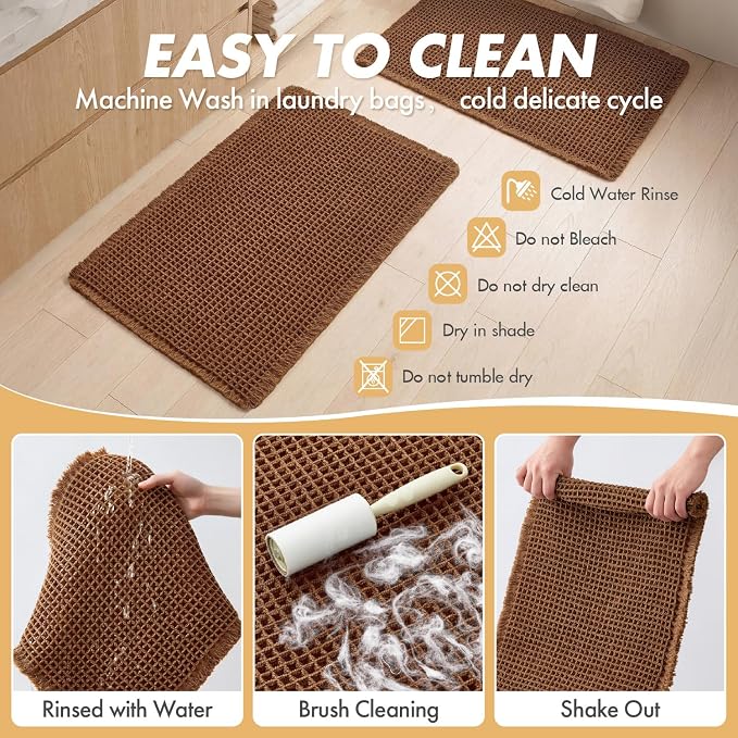 MIULEE Set of 2 Waffle Bathroom Rugs Boho Bath Mat Caramel 17"x24"+18"x30" | Non Slip, Super Absorbent, Washable, Ultra Soft, Rubber Backed, Small Bath Rugs for Bathroom Floor Tub Shower