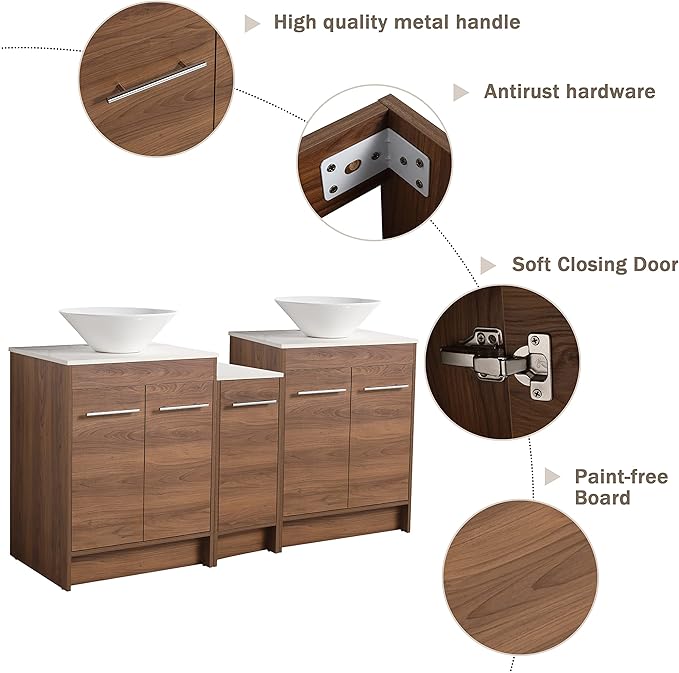 60" Bathroom Vanity with Ceramic Sink, Freestanding Double Sink Bathroom Vanity Combo, 60 Inch Modern Bathroom Storage Vanity, Brown Floor Stand Cabinet Set(BRE217, 60 * 18)