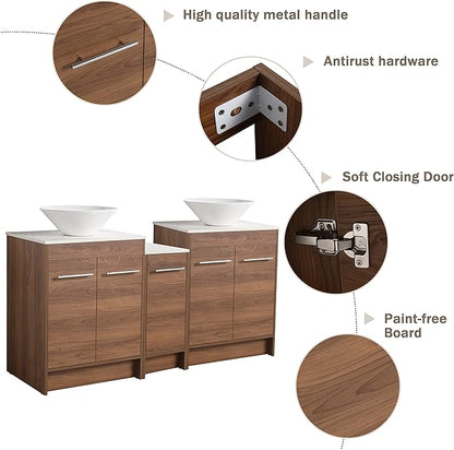 60" Bathroom Vanity with Ceramic Sink, Freestanding Double Sink Bathroom Vanity Combo, 60 Inch Modern Bathroom Storage Vanity, Brown Floor Stand Cabinet Set(BRE217, 60 * 18)