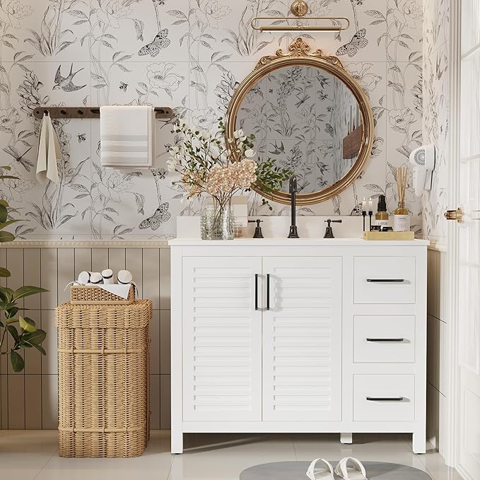 42" White Single Sink Bathroom Vanity with Top and Sink, Freestanding Modern Bath Storage Cabinet with Quartz Countertop, 3 Drawers, Soft Closing Louvered Doors, Pre-Assembled